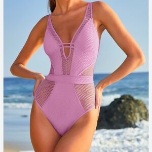 NEW BECCA  Mesh Plunge Neck One Piece Purple Swimsuit